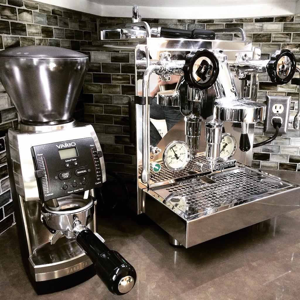 Baratza's tweet photo. Love that tile reflection on @rocketespresso! RT @Extract_Coffee: Another happy counter #vario #countercandy http://t.co/0At75LsZKE