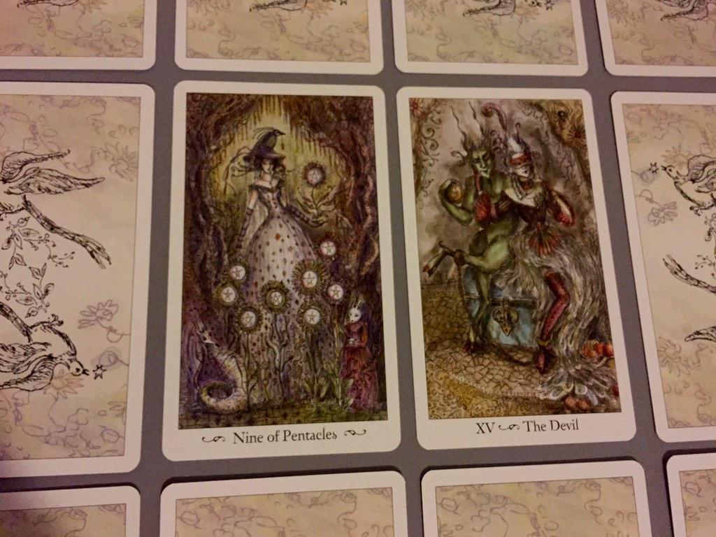 365TAROT's tweet image. Which card speaks to you? Let us know at facebook.com/365trt #9ofPentacles #theDevil #tarot