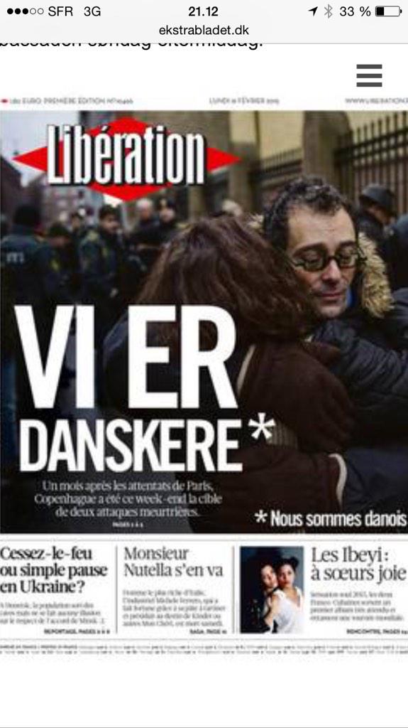 RasmusTantholdt's tweet photo. #Libération tomorrow. "Vi er danskere." We are Danish #cphshootings #Paris http://t.co/bHl8lQNzRZ
