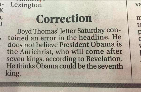 Correction from the Lexington, North Carolina, Dispatch: Obama not the antichrist.