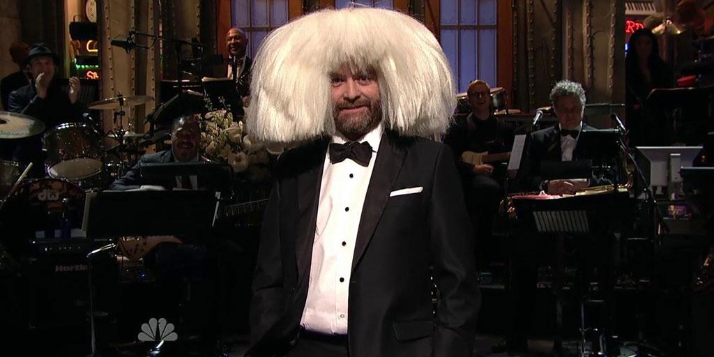 nbcsnl's tweet photo. "Maybe somebody tell me that Sia and I have the same stylist next time, huh?" —Zach Galifianakis #SNL40 http://t.co/BshjpKfV66