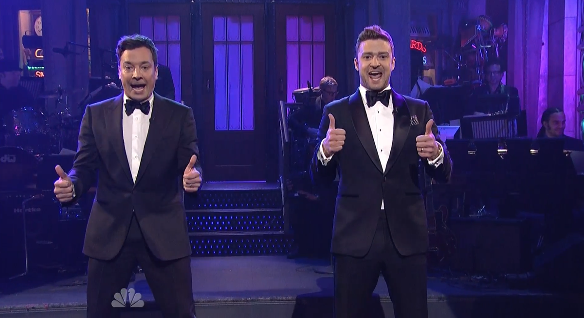 usweekly's tweet photo. So Jimmy Fallon and Justin Timberlake killed it opening #SNL40: http://t.co/yazRQLX10Z http://t.co/VMinUFQAIn