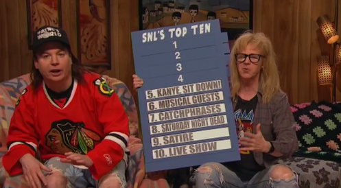 BuzzFeedEnt's tweet photo. "Don't storm the stage!" -Garth to Can-ye #SNL40 http://t.co/QAFtfKZRD1