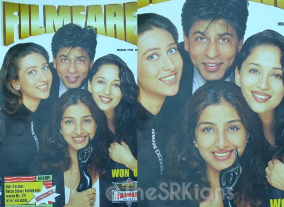 SRKTeamOne's tweet photo. #flashback1998 : #ShahRukhKhan , #karisma , Tabu and #MadhuriDixit on Filmfare Magazine. http://t.co/uzDZiQP08J