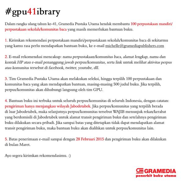 kompas_urbana's tweet photo. Ultah ke-41, @Gramedia hendak membantu 100 perpus dan komunitas baca. Detail --> http://t.co/CUx4fiX2sA #gpu41ibrary http://t.co/meiZGpzdAG