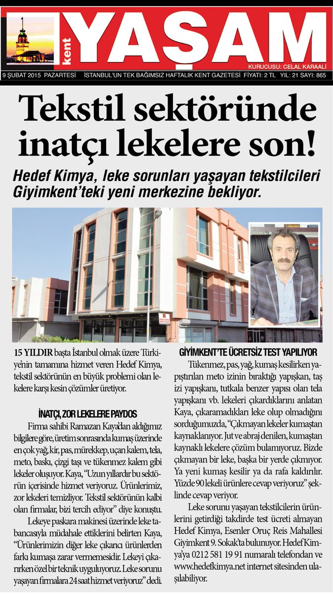 Hedef Kimya, İstanbul'da en çok okunan bağımsız gazete Kent Yaşam'da!