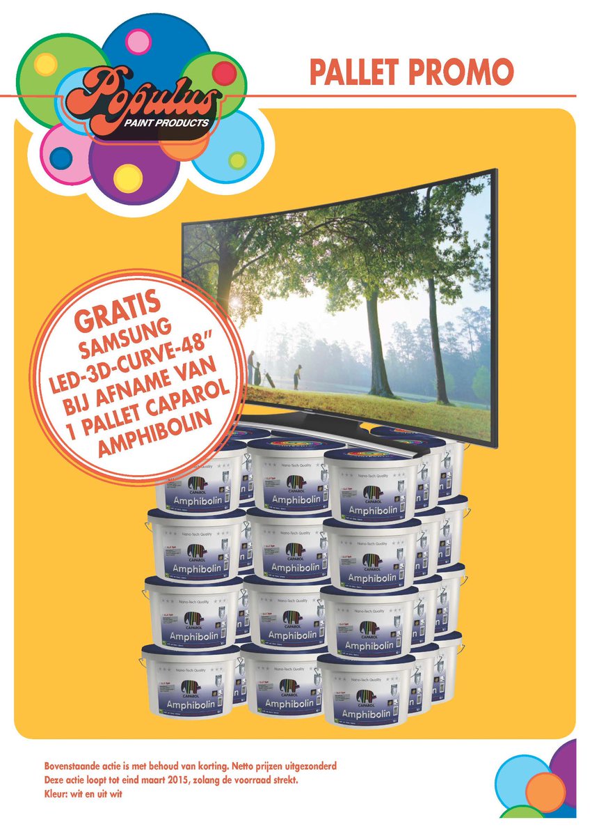 PopulusPaint's tweet photo. PALLET PROMO! GRATIS SAMSUNG LED-3D-CURVE-48” BIJ AFNAME VAN 1 PALLET CAPAROL AMPHIBOLIN. http://t.co/B99Q7oP1WK