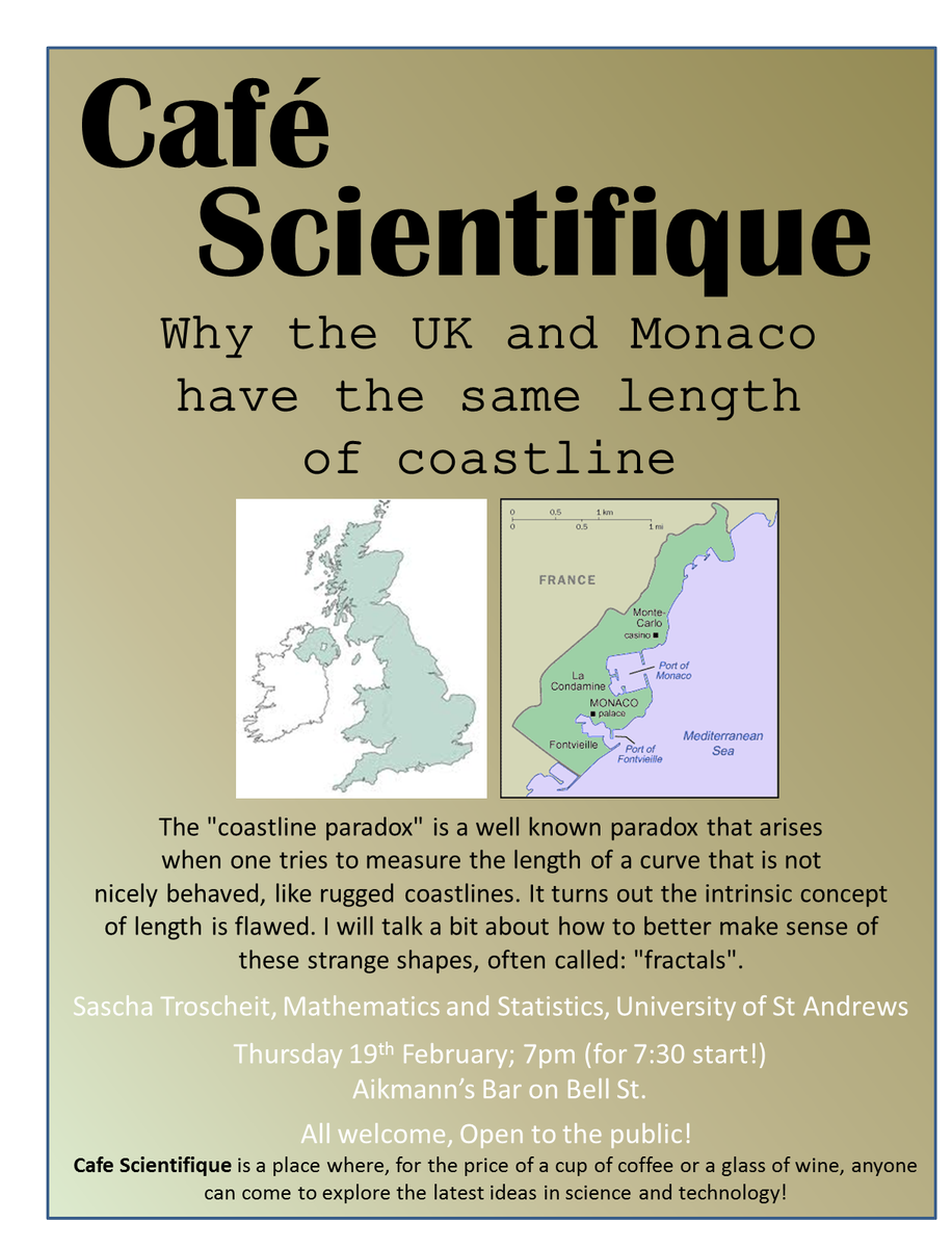 CafeSciStA's tweet photo. Cafe Sci returns this Thurs! 7pm @ Aikmans. This month: why the UK and Monacco have the same length of coastline... http://t.co/llX6Pj5KW4