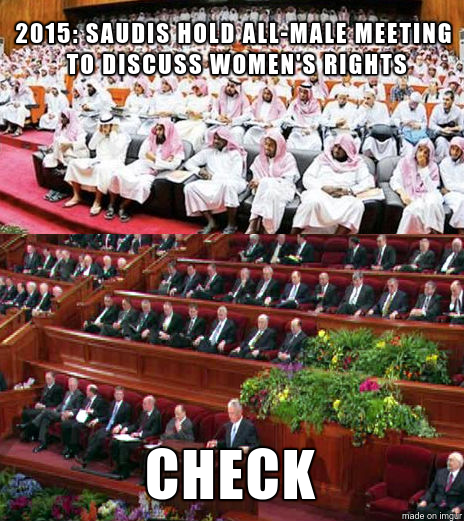 Mormonismism's tweet photo. Saudis hold all-male Women's Rights conference.  Sound familiar, @OrdainLDSWomen @FeministMormonH ? http://t.co/PCev3Fahf6
