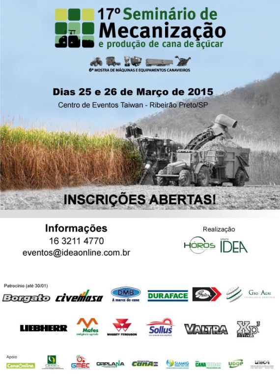 EtanoldoBrasil's tweet photo. 17º Seminário de Mecanização e Produção de Cana-de-Açúcar http://t.co/fgshJuhDBM Veja @PetroleoPre_sal Via @GrupoIDEA http://t.co/tlzOYC0Cay