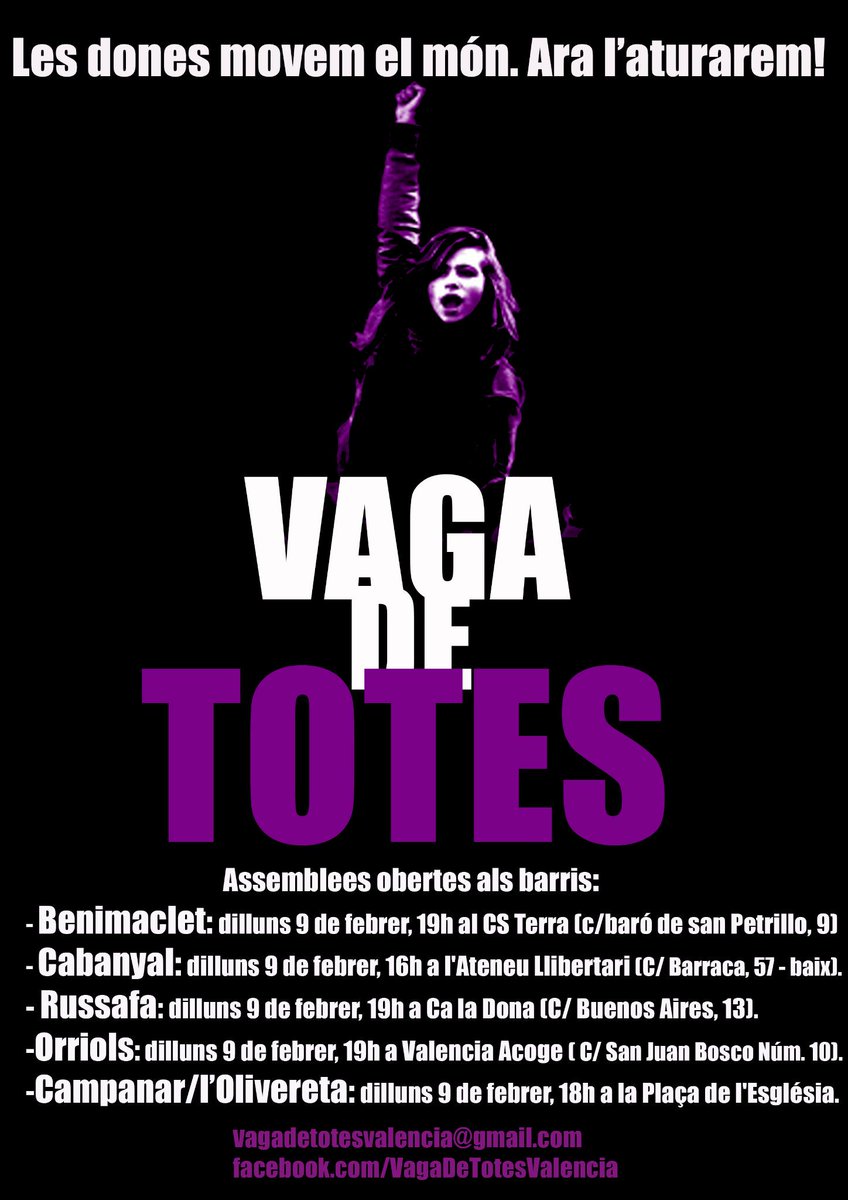 5 ASSEMBLEES OBERTES simultànies als barris de #València per preparar la #VagadeTOTES i #8demarç. Difon i acudeix!!