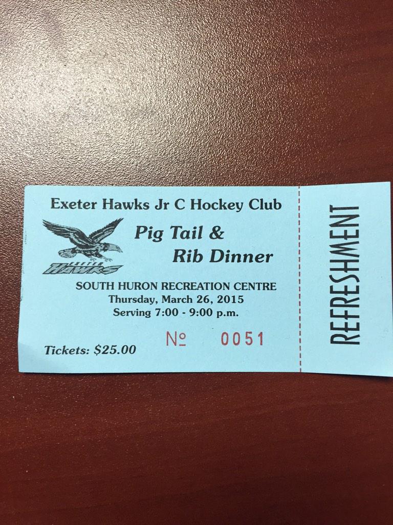 Exeterhawks's tweet photo. @exeterhawks Pig Tail &amp; Rib Dinner, March 26 at 7pm...tickets available from executive, players and coaching staff http://t.co/rYl1it7FuO