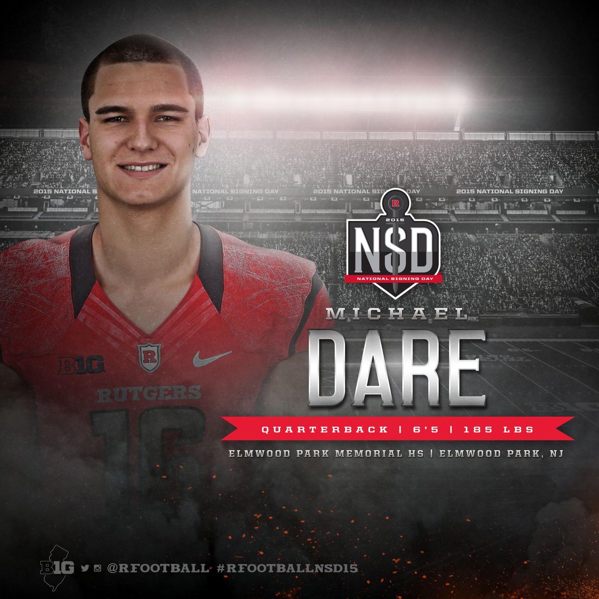 RFootball's tweet photo. Michael Dare (Elmwood Park, N.J.) is officially a Scarlet Knight! http://t.co/sTyxktH5j9 #RFootballNSD15 http://t.co/452hCRmaWd