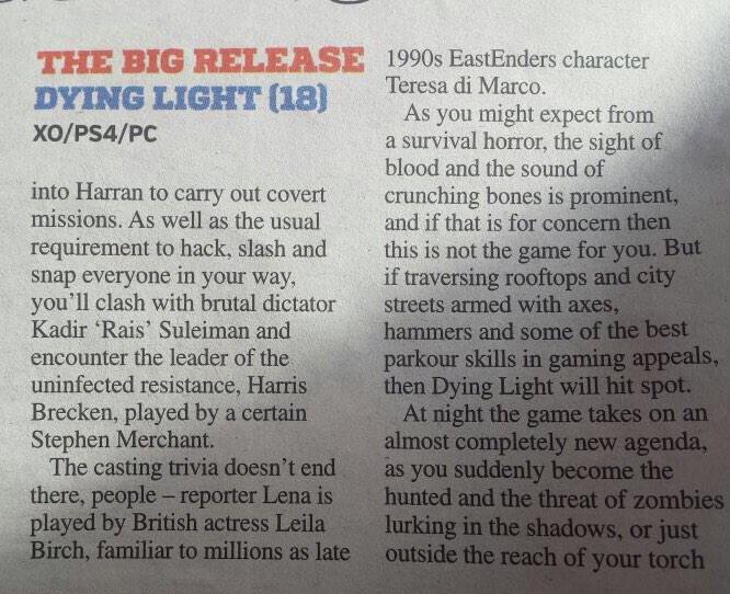 leilabirch's tweet photo. My friend just sent me this @DyingLightGame  review where they mention me! #Chuffed 😊#ZombieHorror #MyVoiceOverLife http://t.co/OIGulS2Dzb