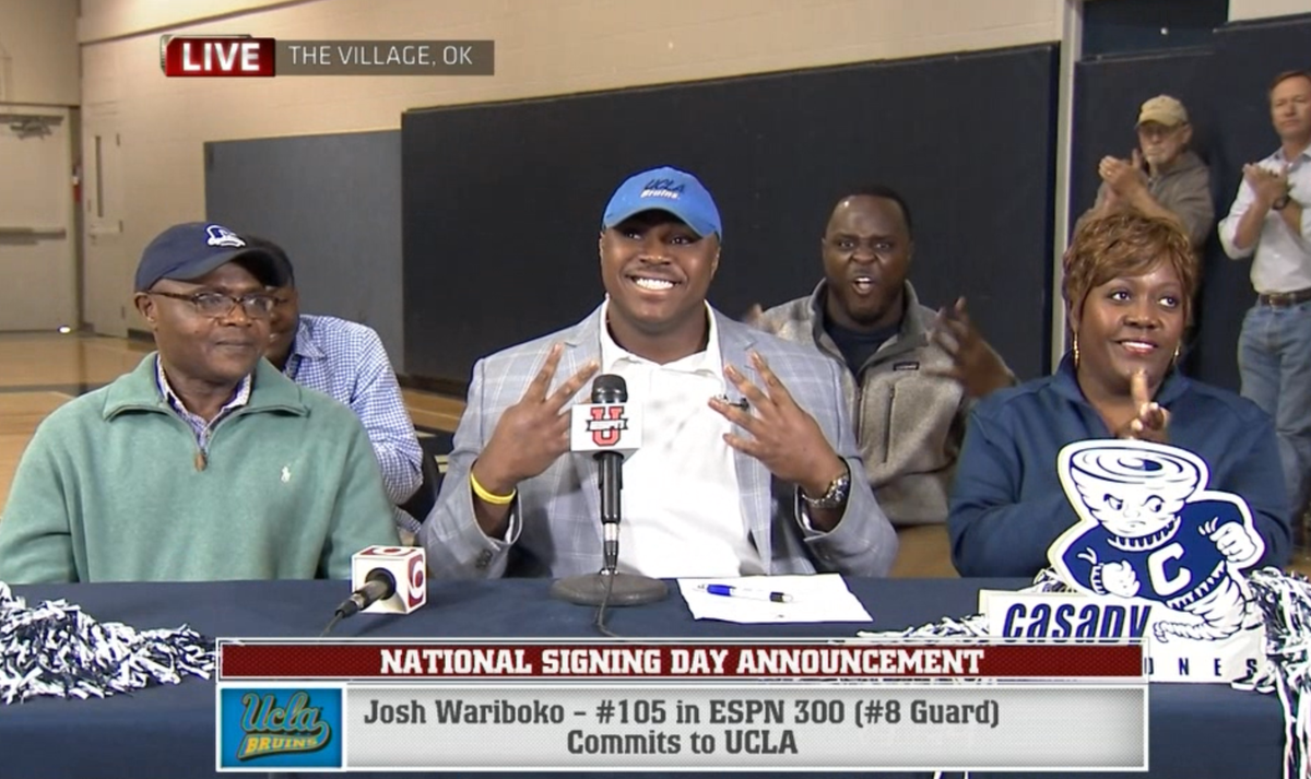 ESPNCFB's tweet photo. Josh Wariboko (#105 in #ESPN300, #8 OG) commits to @UCLAFootball. Was also considering OSU &amp; Oklahoma #SigningDay http://t.co/nmqhCsSp4o