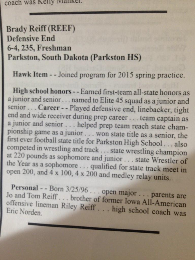 AustinBramley's tweet photo. Apart of the 21 players added to the Iowa Football program is Parkston,SD native Brady Reiff. http://t.co/BrgeUc9REZ