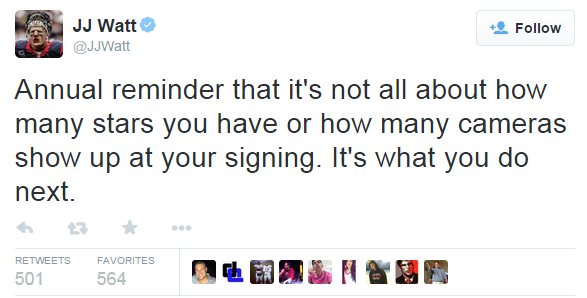 SportsCenter's tweet photo. J.J. Watt, a former 2-star recruit, chimes in with some advice for prospects. http://t.co/OvrSUH2JQM