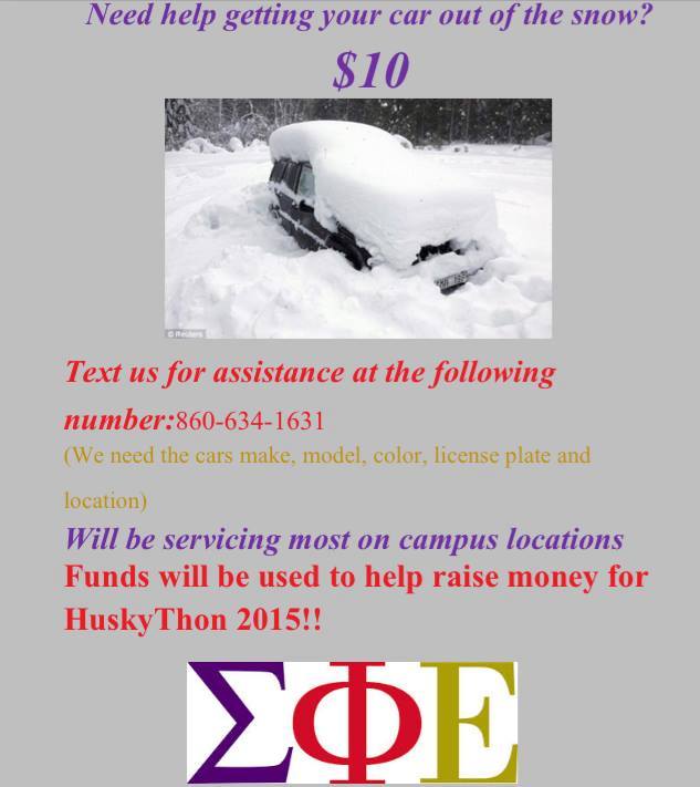 SigEp_UConn's tweet photo. Stuck in the snow? We'll shovel you out! All donations go to @HuskyTHON to support @ctchildrens #FTK #HuskyTHON http://t.co/zD86verxpy