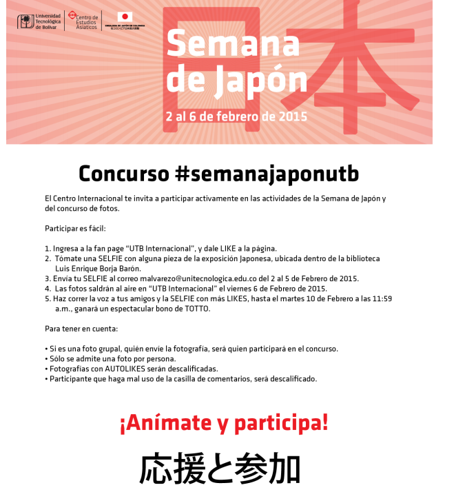 UTBFEN2015's tweet photo. #GenteUBT Les recuerdo  las reglas del concurso de la semana de japon! http://t.co/yqI6tkGDQF