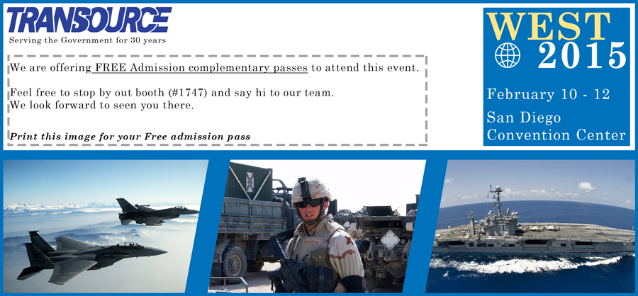 TransourceComp's tweet image. FREE Admission passes to attend the West 2015 Conference in San Diego. Feb 10 - 12. **Changed our Booth # 1819.**