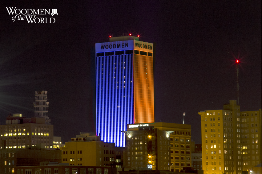 WoodmenLife's tweet photo. Woodmen Tower lights orange & blue tonight to support #WorldCancerDay #FightWorldCancer #ACSGlobal #LightWoodmenTower http://t.co/0CuxT708aj