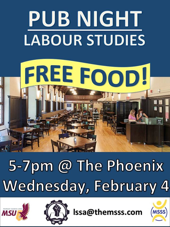 LSSAMcMaster's tweet photo. "LSSA's Pub Night" event TONIGHT @ Pheonix from 5-7pm! Socialize with fellow students and profs and FREE FOOD! http://t.co/FsEBS9jzyU
