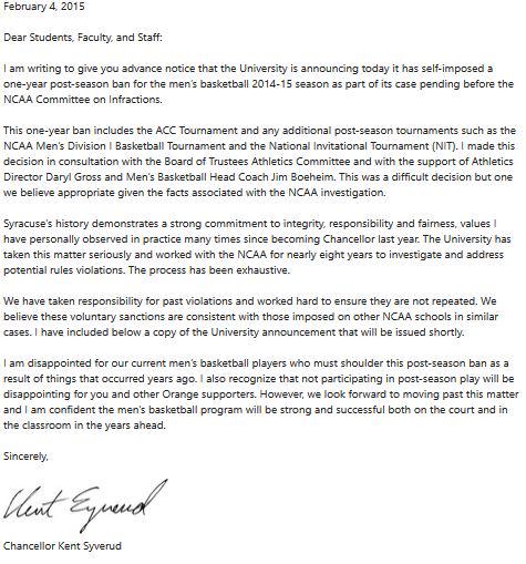 CitrusTVSports's tweet photo. Full e-mail to SU students, faculty, and staff from Chancellor Kent Syverud http://t.co/zr6szIwIyP