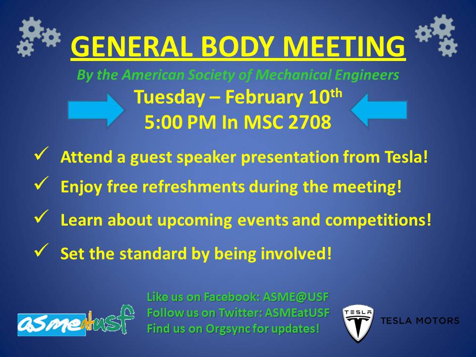 General Body Meeting on Tuesday Feb 10th at 5 (MSC 2708). Tesla presention, free refreshments, future event info!