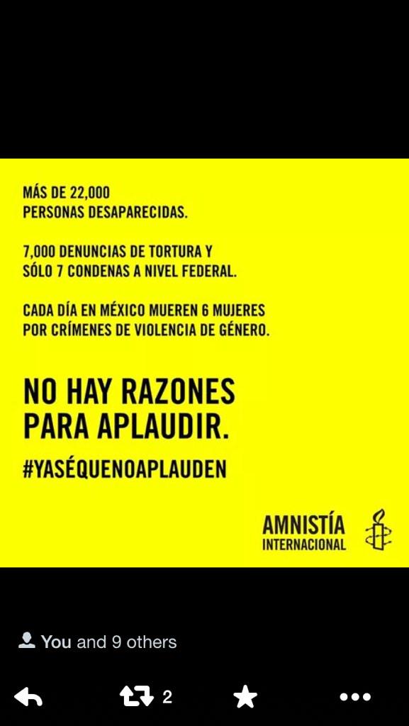 DeniseDresserG's tweet photo. Aquí van los puntuales y poderosos motivos de Amnistía Internacional sobre por qué no hay razones para aplaudir: http://t.co/lJxOc6jGlb