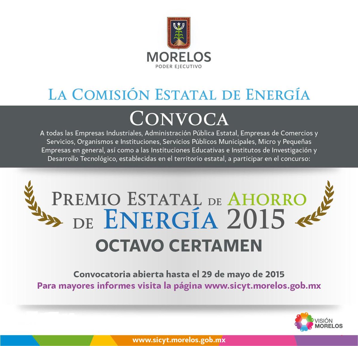 ACMor_Morelos's tweet photo. Les presentamos la convocatoria del Premio Estatal de Ahorro de Energía 2015. Conoce las bases
http://t.co/sbcw5vNuFN http://t.co/LYhZtampQ5