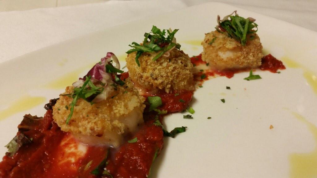 Appetizers.
Panky crusted seared scallops with tomato marinara.