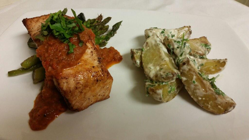 Mains.
Pan seared salmon, roasted red pepper horseradish sauce and a warm potato salad.