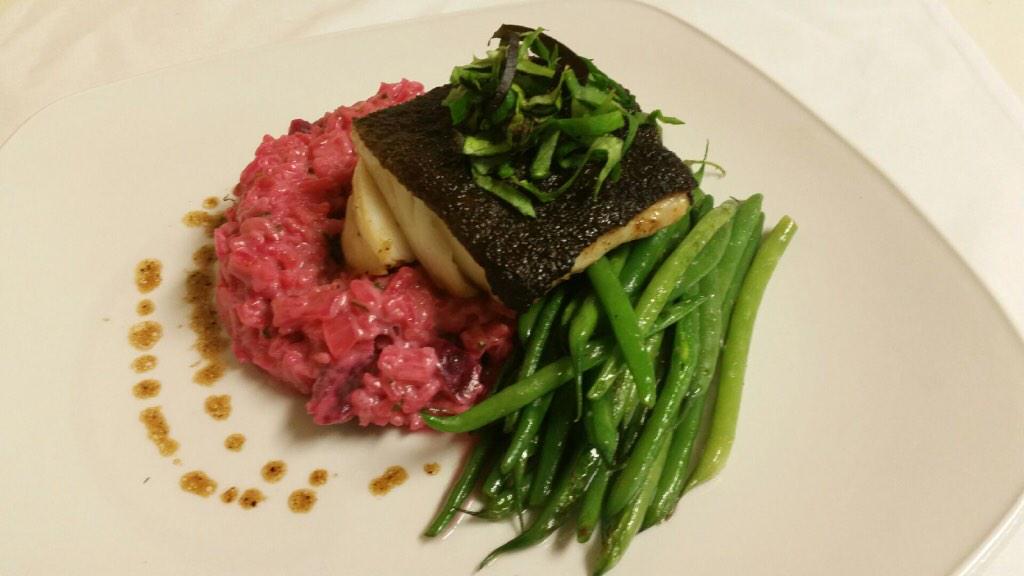 Lemon baked black cod, with a beet and goat cheese risotto and great beans