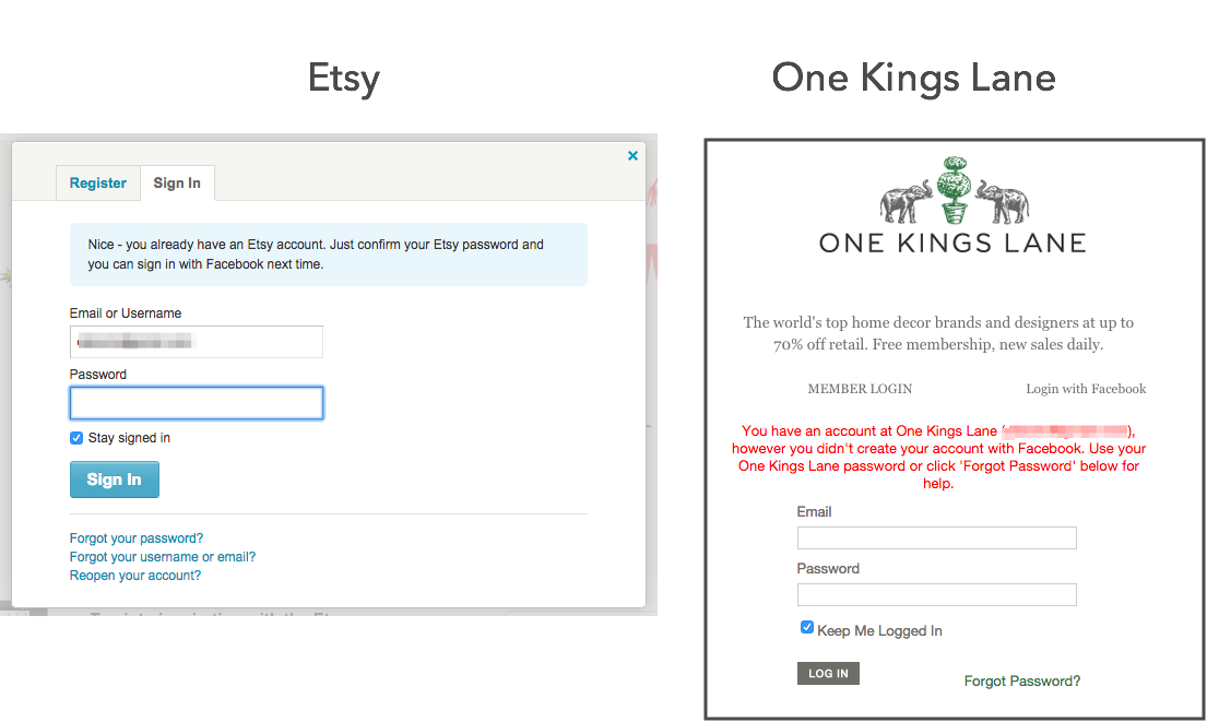 eskuhn's tweet photo. #uxbattle @Etsy v @onekingslane: User signs into a service w/ social but email acct exists. Which do you prefer? #UX http://t.co/dj8irhiMwE