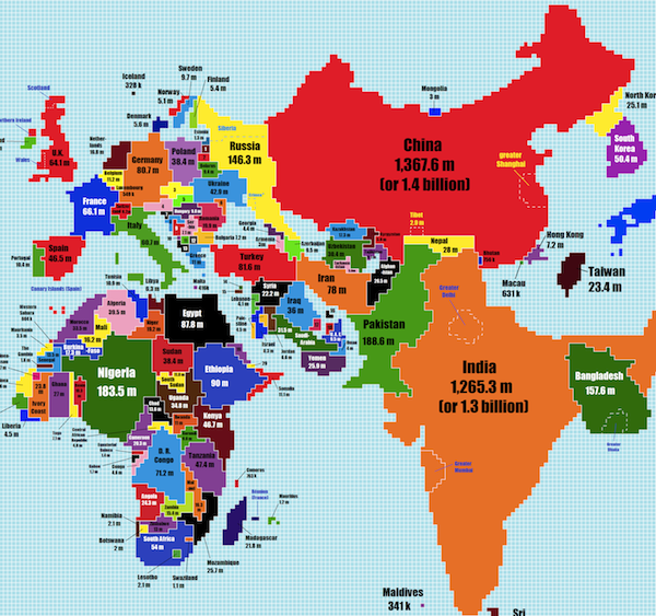 gadventures's tweet photo. Fascinating world map resizes each country according to its population: http://t.co/L7AYY3WzJg #thisisyourplanet http://t.co/J2s0fRkept
