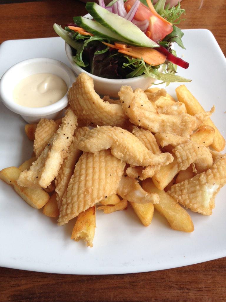Calamari, Chips and Salad $12.50 lunch special from the Aspley Hotel.