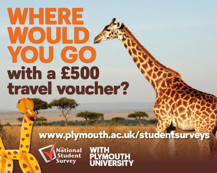 Got 5 mins? Take the #PlymStudentSurvey &amp; be in with chance to win £500 travel vouchers. plymouth.ac.uk/studentsurveys