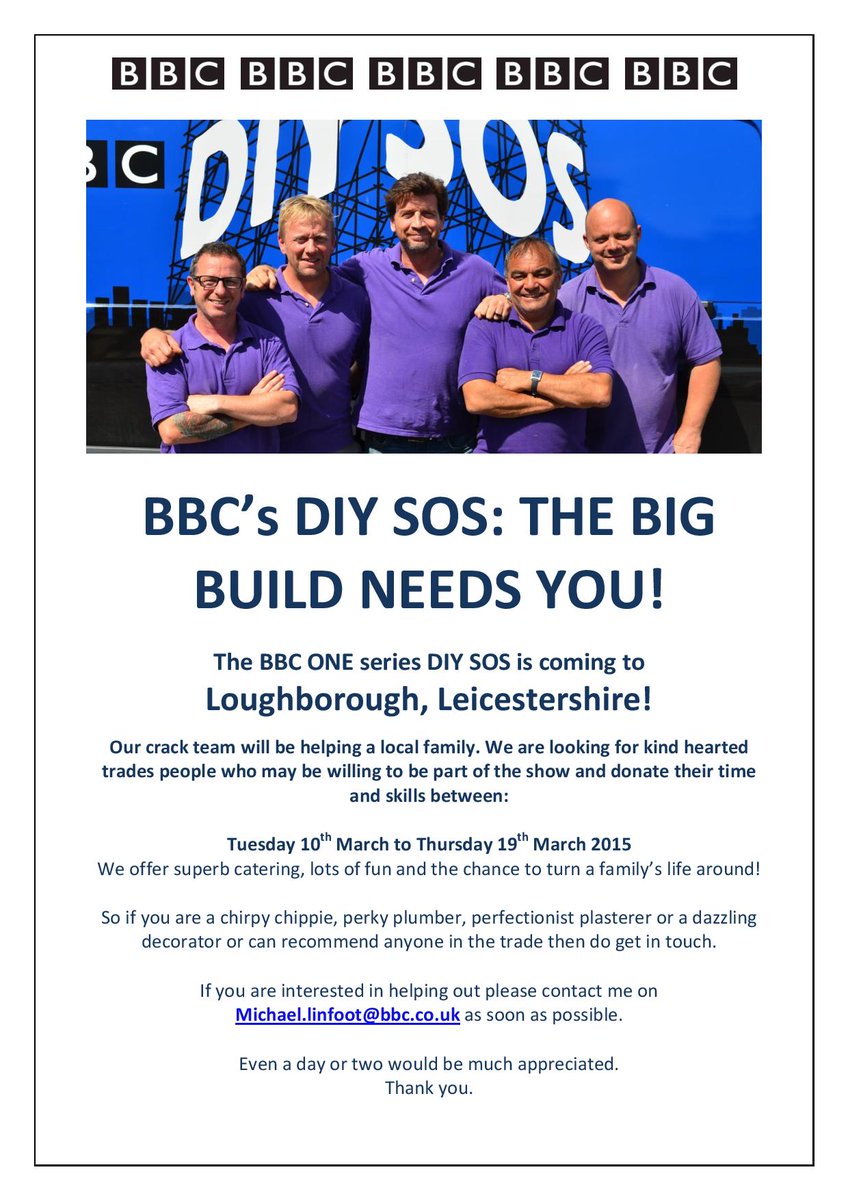DIYSOS's tweet image. Trades of #Loughborough WE NEED YOU! Email michael.linfoot@bbc.co.uk for more details!