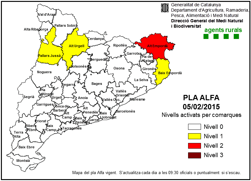 Agents_Rurals's tweet photo. Activació del mapa del #plaalfa x #vent, amb 1 comarca a n2 i 3 comarques a n1. Molta prudència!  #incendis http://t.co/BrQFc3vbK0