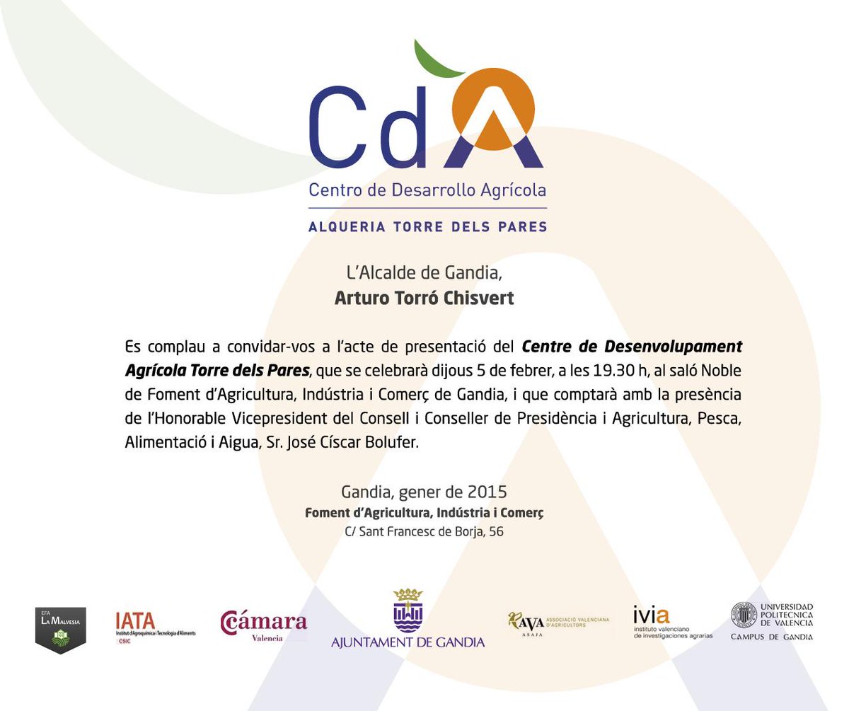 Presentació Projecte Centre Desenvolupament Agrícola (CdA) de #Gandia, a les 19.30 h en @FOMENTOAIC #TorreDelsPares