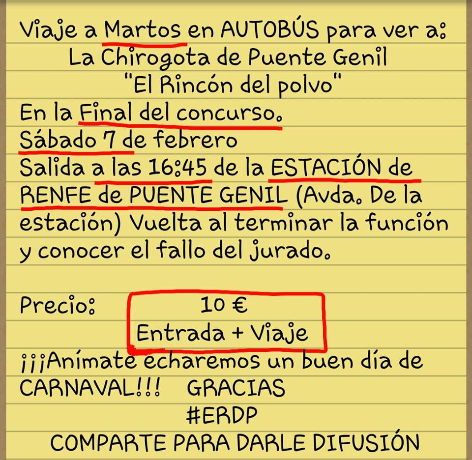 ChirigotaPGenil's tweet image. VENTE CON LA @ChirigotaPGenil A DISFRUTAR DE LA FINAL DE MARTOS!! QUEDAN POCAS PLAZAS!! #ERDP