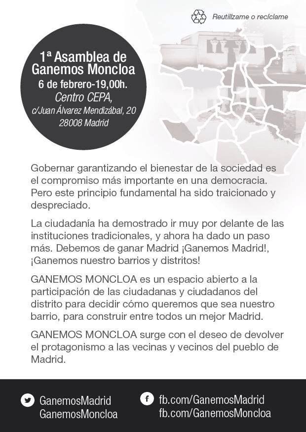 moncloasamblea's tweet photo. 1a  Asamblea de @GanemosMoncloa Estáis tod@s invitados !!!! http://t.co/MBeKjaTflm