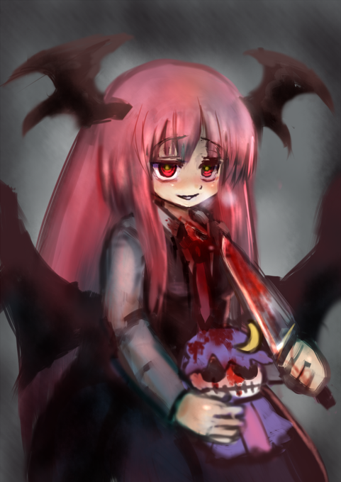 #深夜の真剣お絵描き60分一本勝負  【流血表現注意】小悪魔さんで! 前回のサファイアちゃんと同じように少しドキドキ気味。気がつけば10分overしてました…。「あいつらははみーんな泥人形 私だけが特別 ねっ。 パチュリー様」 