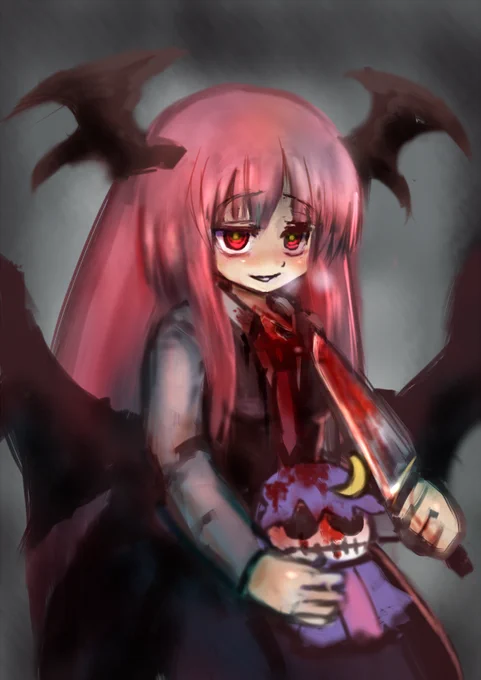 #深夜の真剣お絵描き60分一本勝負  【流血表現注意】小悪魔さんで! 前回のサファイアちゃんと同じように少しドキドキ気味。気がつけば10分overしてました…。「あいつらははみーんな泥人形 私だけが特別 ねっ。 パチュリー様」 