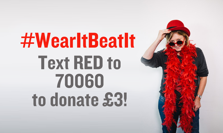 TheBHF's tweet photo. A simple way to help us #WearItBeatIt today - text RED to 70060 to donate £3 to our life saving work. Thank you! http://t.co/xzctZcgLIR