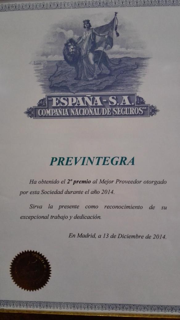 Previntegra recibe premio como 2° mejor proveedor de España SA, compañía nacional de seguros