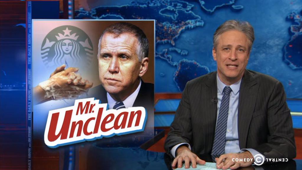 Eater's tweet photo. Watch Jon Stewart rip into Thom Tillis AKA "Senator Dung Hands Von Fecal Fingers" http://t.co/HJvJ9X8Mrq http://t.co/6qRlb5MeoN