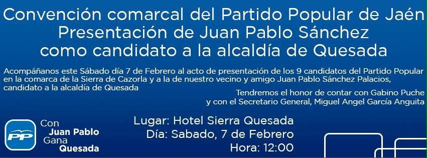 Agea86's tweet photo. Sábado 7 febrero, Hotel Sierra de Quesada, a las 12:00h. Con Juan Pablo #GanaQuesada http://t.co/7iMh6NBfkm