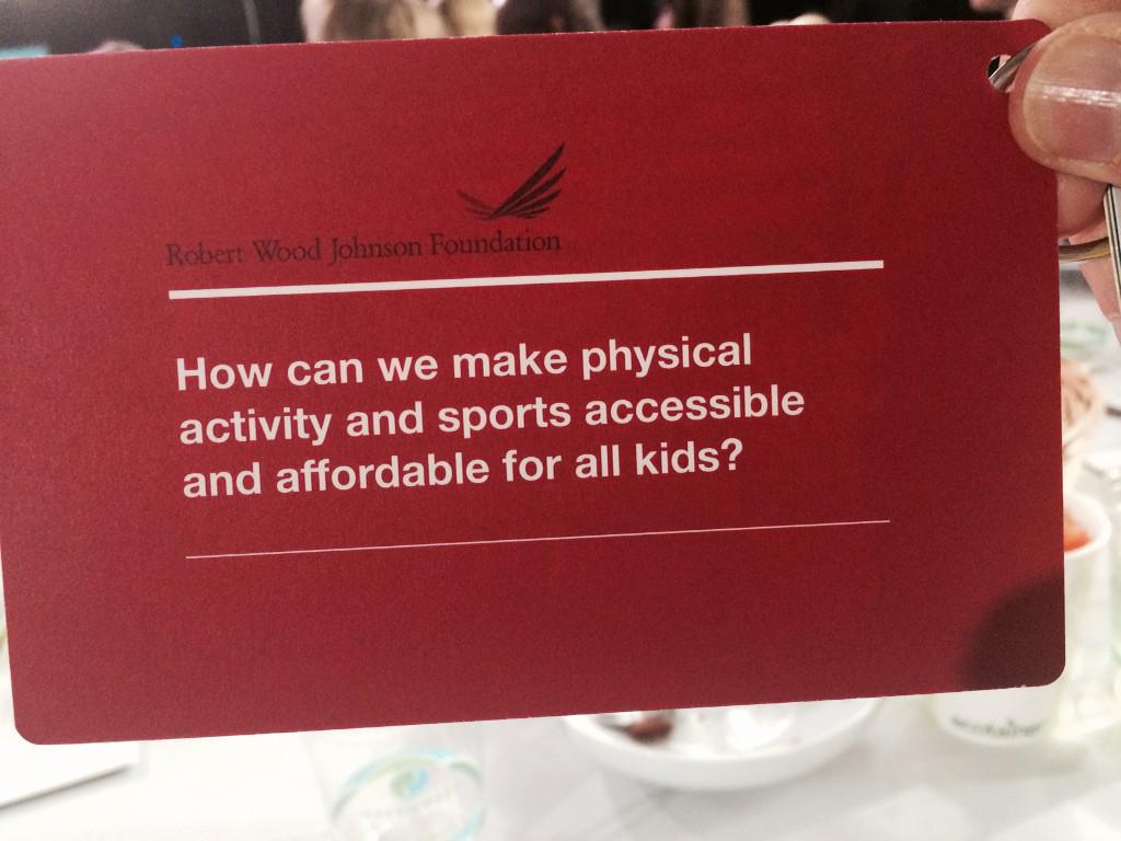 AspenInstSports's tweet photo. Notecard from announcement, stating a key @RWJF priority over next 10 yrs. Great to see access to sport recognized. http://t.co/psNLLbH0a6