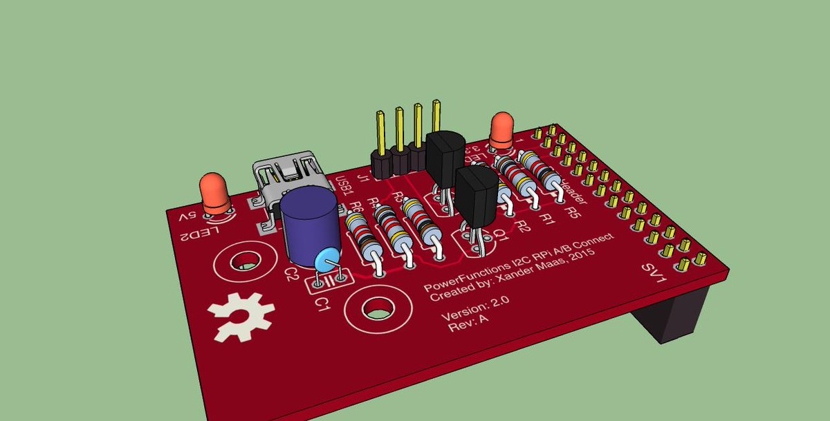 Xjmaas's tweet image. My idea for a 2.0 version of my I2C #LEGO #powerfunctions board. Smaller footprint, should fit on #RaspberryPi A or B